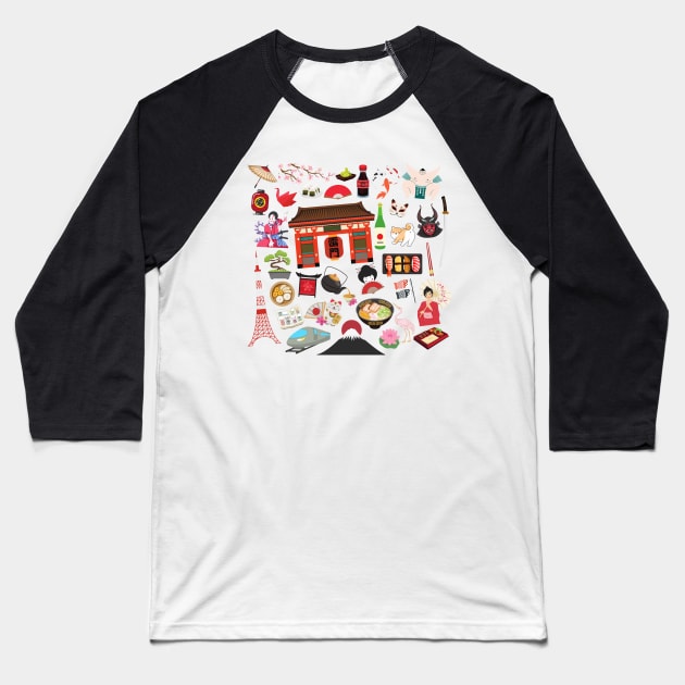 Japan Travel Icons Baseball T-Shirt by FancyPlanet